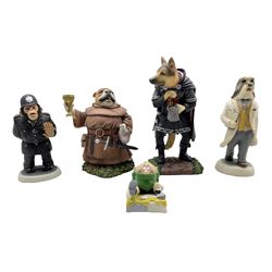 Five Robert Harrop figures comprising three Doggie People: 'Bulldog Friar Tuck', 'German Shepherd Sheriff of Nottingham' and 'Bearded Collie Doctor', together with 'Wilfred' and P.C. Gotcha', all boxed as new (5) 