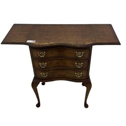 Early 20th century Queen Anne design figured walnut serpentine drop-leaf bedside table, carved moulded edge, fitted with four cock-beaded drawers, on cabriole supports