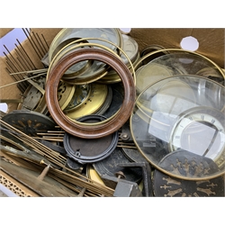 Collection of clock parts to include glass, gongs, dials movements etc, in two boxes and a part telescope inscribed 'Hewitson, Newcastle Upon Tyne' and some telescope parts,