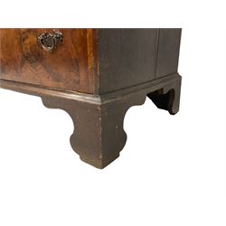 18th century figured walnut straight-front chest, rectangular top with crossbanding and moulded edge, fitted wit two short and three oak lined drawers, the fronts bookmatched with crossbanding and brass handles, raised on bracket feet