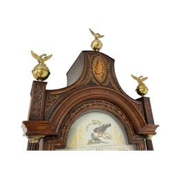 Late 18th century -  8-day longcase in a later carved oak case, with a painted dial and an earlier three train ting-tang quarter striking movement on three bells, Pagoda pediment with brass ball and spire finials, break arch hood door flanked by reeded pilasters, trunk with canted corners and a break arch door on a rectangular plinth raised on a decorative base, painted dial with floral spandrels and a depiction of  two birds to the arch, dial inscribed Thomas Husband of Hull, with Roman numerals, five minute Arabic's and seconds dial, dial pinned via a false plate to a rack striking movement with three bells. With three weights, pendulum and key.
