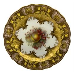 Early 20th century Royal Worcester cabinet plate by Richard Sebright, the centre painted with plumbs and gooseberries, signed R. Sebright, within a pink, yellow and gilt floral and shell border, with puce printed marks beneath, retailed by 'C. Reizenstein Sons, Pittsburg PA.', date code for 1909 and pattern no. W8346, D23cm, together with a matching pair (a/f) (2)
