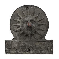 The Sun Fire Office (London 1710-1959) lead fire mark or insurance plaque, with stamped policy number 4J4536, 18cm x 18cm