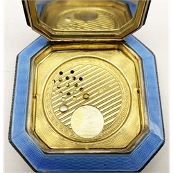 Silver and blue enamel compact, cushion shape and of octagonal design, the hinged cover with marcasite panel, gilded and mirrored interior, import marks for London 1929 Stockwell & Co 5.5cm