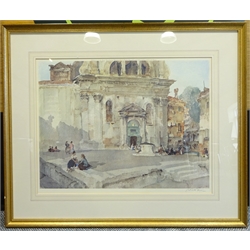 William Russell Flint (British 1880-1941): 'Campo San Trovaso', colour print signed in pencil with Fine Art Trade Guild blindstamp pub. Frost & Reed, London October 1968 from an edition of 850, 48cm x 62cm, and another print after the same hand 28cm x 41cm (2) 
Provenance: purchased from the Granby Gallery, Bakewell in 1993, original receipt attached