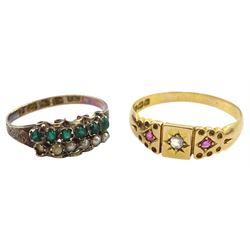 Victorian 15ct gold diamond and pink stone gypsy set ring, Birmingham 1892, retailed by B Leefe & Sons, Malton, boxed and a 12ct gold split pearl and green paste ring, Birmingham 1874