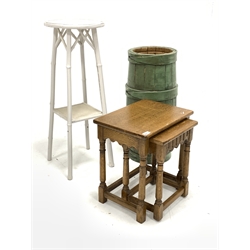20th century oak nest of two tables, painted simulated bamboo jardiniere stand, and a painted stick stand