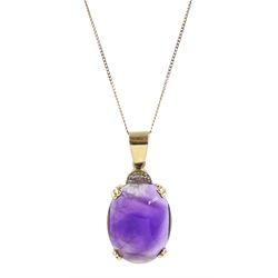 9ct gold oval cabochon amethyst and diamond chip pendant necklace, stamped 375 