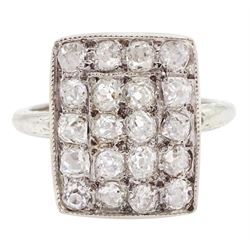 Art Deco 15ct white gold milgrain set old cut diamond panel ring, total diamond weight approx 1.20 carat
