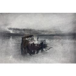 Sir Frank Short (British 1857-1945): 'Strolling Players - Lydd' and 'Timber Raft on the Rhine', etching and mezzotint, respectively, each signed in pencil and labelled verso max 20cm x 29cm (2)