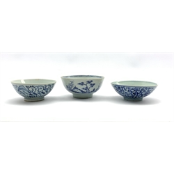 Nanking Cargo bowl with Christie's Lot 3067 label to base D15cm, Chinese Ming blue and white bowl and one other (3) 