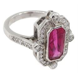 18ct white gold vari-cut rectangular ruby and round brilliant cut diamond cluster ring, with diamond set shoulders, ruby approx 2.35 carat