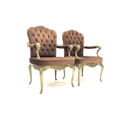 Pair of Italian 'Hollywood Regency' cast brass open armchairs, seat and back upholstered in buttoned brown velvet, the frame with scrolled floral decoration, raised on cabriole supports, W55cm