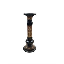 Victorian terracotta jardinere stand, black glazed top banded column on a textured brown glazed ground with floral painted decoration, H81cm