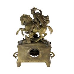 French - mid 19th century gilt spelter 8-day mantle clock, detailed armorial case with weapons of war, surmounted by a galloping knight crusader, white enamel dial with Roman numerals, minute track and steel moon hands, Parisian count wheel striking  movement, striking the hours and half hours on a bell. With pendulum and key.