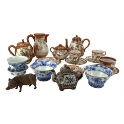 Japanese Kutani matched part tea ware, Japanese carved model of a pig with glass eyes, Cloisonne teapot in the form of an Elephant and other Oriental ceramics 