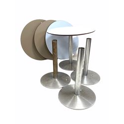 Set four bistro tables with wooden laminate tops, raised on stainless steel bases