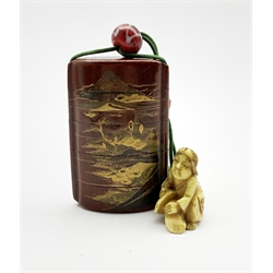 Japanese Meiji nashiji lacquer five case inro decorated in low relief with a mountainous landscape, with two hardstone ojime beads and a carved ivory netsuke in the form a a seated woman, L8cm 
