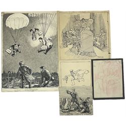 Ernest Howard Shepard (British 1879-1976): WWII 'Wind Falls', Knights in Battle, 'Alarm' and 'Firewatchers', four pen and ink sketches one signed and inscribed together with a pink pencil sketch by the same hand max 36cm x 27cm (5) (unframed)