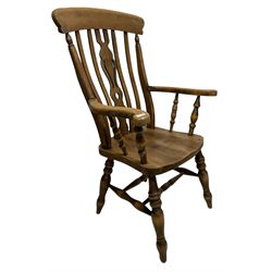 20th century beech farmhouse chair, the slat and splat back over seat, raised on turned supports 