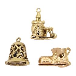 Three 9ct gold pendant/charms including just married boot, wedding bell and the pillory