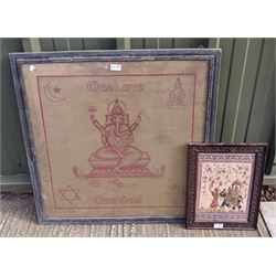 'One Love One God' painted board and a small cloth picture of an elephant procession in carved wood frame