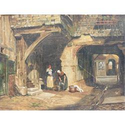 W Bunch (British 19th century): Milkmaids in the Street with Cat, oil on board signed 52cm x 40cm