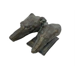 Bronze effect study of two Greyhound heads after M. Bertin 'At the finishing Line', on stepped plinth base