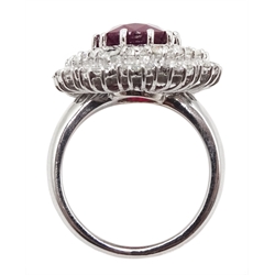 White gold oval ruby and round brilliant cut diamond ring, stamped 14K, ruby approx 5.70 carat, total diamond weight approx  2.70 carat