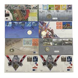 Eight The Royal Mint two pound coin covers, including 1995 '50th Anniversary of the End of the Second World War', 1999 'Rugby World Cup', 2004 'Classic Locomotives' etc