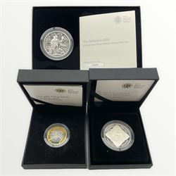 The Royal Mint United Kingdom 2008 'Queen Elizabeth I' silver proof five pounds, 2008 'The 4th Olympiad London 1908' silver proof two pounds and a brilliant uncirculated 2020 one ounce Britannia silver coin, all cased with certificates
