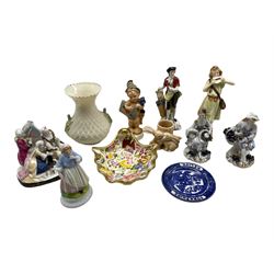 Belleek vase, various porcelain figures including a pair of Sitzendorf figures, Yorkshire Relish dish, Hammersley shell shaped dish etc 