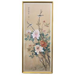 Chinese School (20th century): Chinese Peonies and Birds, watercolour on silk signed with artists signature together with another similar max 115cm x 55cm (2)