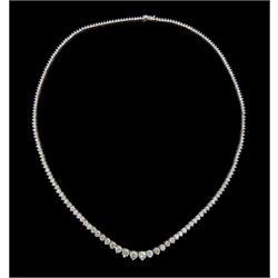 White gold graduating round brilliant cut diamond necklace, stamped 18K, total diamond weight approx 13.50 carat