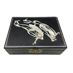 Japanese black lacquer jewellery box with mother-of-pearl inlay and fitted interior with lift out tray, containing costume jewellery, silver and stone set jewellery 