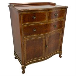 Mid-to-late 20th century parcel gilt walnut and amboyna tallboy chest, moulded serpentine top with raised back and quarter-matched veneers, fitted with two short and one long drawer over double cupboard, all with highly figured panels within bandings and gilt cock-beading, flanked by fluted uprights, on cabriole feet