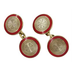 Pair of 9ct gold red enamel cufflinks with engine turned decoration by Deakin & Francis, Birmingham 1993