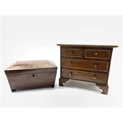 Small oak chest of two long and two short drawers on bracket feet W31cm and a Victorian mahogany tea caddy W18cm