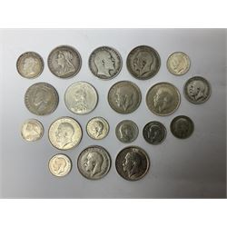 Approximately 70 grams of pre 1920 Great British silver coins, including George IV 1826 shilling, Queen Victoria 1899 shilling, 1887 shilling etc