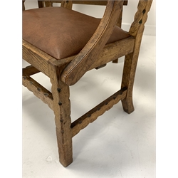 Early 20th century set eight armchairs, down swept arms, frames with incised decoration, upholstered drop in sets and upholstered backs with studs, each chairs with metal label inscribed 'Hamptons', total width - 57cm