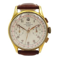 Aidix gentleman's gold-plated and stainless steel manual wind chronograph wristwatch, cream enamel dial with two registers recording minutes and continuous seconds, on brown leather strap