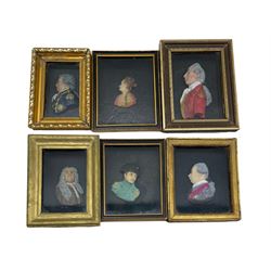 Six 19th/ early 20th century wax portraits depicting Napoleon, Charles Edward Stuart, Samuel Pepys, Thomas Masterman Hardy, General Wolfe and one other, 15cm x 12cm max (6)