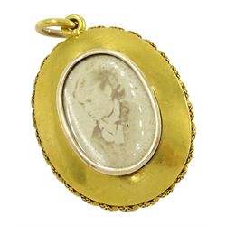 Victorian Etruscan revival gold cabochon garnet pendant, with applied granulation and wirework decoration and glazed back