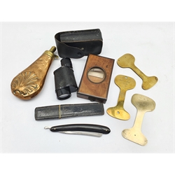 G.N.R brass template dated June 1886, two others, copper shot flask, brass postal scales, cut throat razor, Aquilas 8x30 monocular and a small viewer
