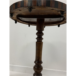  Victorian walnut tripod table with inlaid games board and chequered frieze, raised on turned ash support, D47cm  