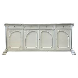 French design white finish sideboard, rectangular top with canted corners and painted silver banding, fitted with four drawers over four panelled cupboards, reeded lower edge over splayed lobed feet