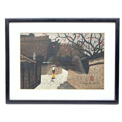 Kiyoshi Saito (Japanese 1907-1997): 'Persimmon Lined Street', colour woodblock print signed and stamped in the plate 26cm x 38cm