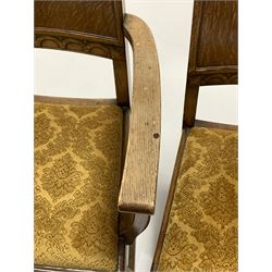 Set eight (6+2) oak dining chairs, the panelled concave back rest carved with Yorkshire rose, drop in floral upholstered seat pads, raised on turned front supports W61cm
