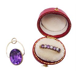 Gold seven stone amethyst and opal ring and a gold amethyst pendant, both hallmarked 9ct