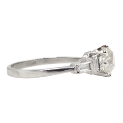 Platinum old cut diamond ring, with baguette diamond shoulders, stamped plat, central diamond approx 1.20 carat